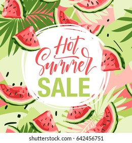 Summer sale - hand drawn lettering phrase on background with watermelon. Advertising template for banner, shop and store poster design and season flyers.