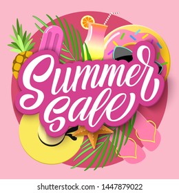 Summer sale hand lettering on paper cut background with palm leaves, pineapple, ice cream and beach clothes, tropical 3d design. Vector tropical summer typographical illustration.
