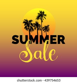 Summer Sale hand lettering vector background. Season discount illustration. Special offer poster with hand drawn sun and palms. 