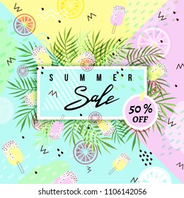 "summer sale" hand written lettering vector illustration with palm leaves on trendy summer background.