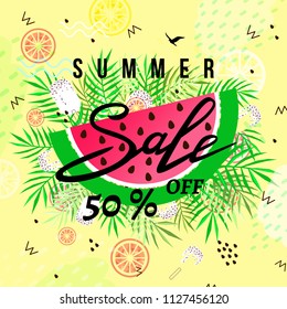 "summer sale" hand written lettering vector illustration with watermelon on trendy summer background.