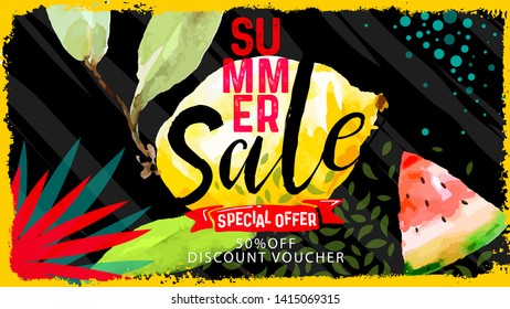 "summer sale" hand written lettering vector illustration with watercolor paint textured watermelon and lemon on trendy striped background - Vector easy editable for Your banner, poster or background