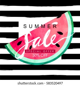 "summer sale" hand written lettering vector illustration with watercolor paint textured watermelon on trendy striped background