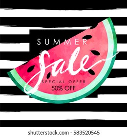 "summer sale" hand written lettering vector illustration with watercolor paint textured watermelon on trendy striped background