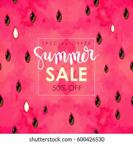 "summer sale" hand written lettering. Vector illustration with watercolor paint textured watermelon background.