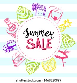 Summer sale, handwritten lettering. Accessories for women. Seasonal discounts and total sale. Banner template. Jewelry, perfume, wear, bags and woman stuff. Fashion theme. Stock vector illustration