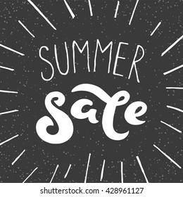 Summer sale - handwritten lettering, calligraphic phrase on black background; vector illustration; hipster style poster or label for shop and market; 
