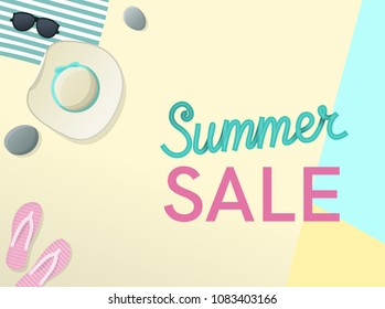 Summer sale handwritten lettering with sun hat, sunglasses, flip flips on the beach. Top view geometric style illustration.