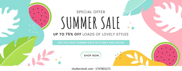 Summer Sale Header or Banner Design with 75% Discount Offer, Watermelon and Tropical Leaves Decorated on Abstract Background.