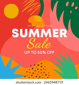 Summer Sale Header or Banner Design, Minimalistic style with Abstract nature elements and texture. Editable vector template for card, banner, invitation, social media post, poster, mobile app, web ads