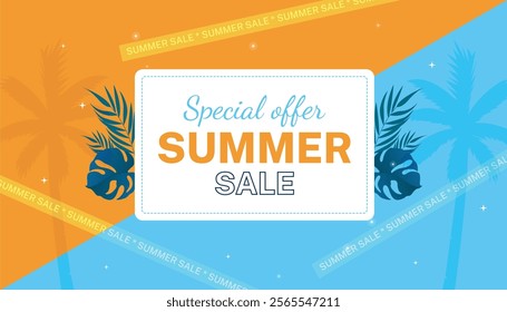 Summer Sale Header or Banner Design, Minimalist style with Abstract nature elements and texture. Editable vector template with  Sky and Yellow Background.