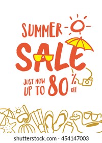 Summer Sale heading fun and cute hand draw style illustration design for banner or poster. Sale and Discounts Concept. Vector illustration.