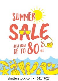 Summer Sale heading fun and cute hand draw style illustration design for banner or poster. Sale and Discounts Concept. Vector illustration.