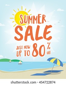Summer Sale heading with illustration design on the beach for banner or poster. Sale and Discounts Concept. Vector illustration.