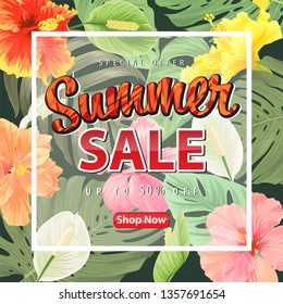 Summer sale with hibiscus tropical flower and palm leaf background template. Vector set of exotic tropical garden for fashion design, voucher, brochures and banners design.