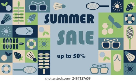 Summer sale high contrast abstract horizontal banner in geometric style. Vacation elements in simple geometric shapes, vector flat style. Good for advertisement and trading