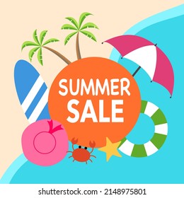 Summer sale with holiday elements in flat design on beach and the sea background. Promotion price.