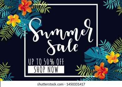 Summer Sale horizontal banner. Up to 50 per cent discount offer. Tropical design with monstera leaves and hibiscus flowers. Bright jungle vivid optimistic juicy colors. Bouncy lettering. Vector 