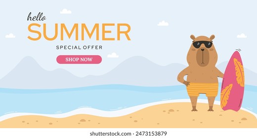 Summer sale horizontal banner with capybara