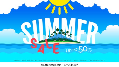 summer sale horizontal banner design with seascape tropical island palm trees ocean sun