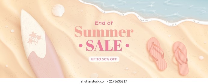 Summer sale horizontal banner design template with realistic summer elements on a beach background. Vector illustration