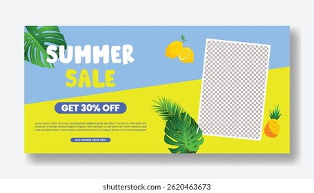 summer sale horizontal banner editable template for social media cover, header, footer design, tropical summer vector background design