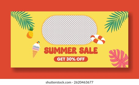 summer sale horizontal banner editable template for social media cover, header, footer design, tropical summer vector background design
