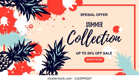 Summer Sale horizontal banner with hand drawn elements. Vector illustration.