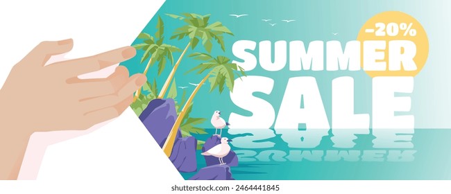 Summer sale horizontal banner. Human hand opens tropical beach landscape with seagulls. Water reflection. Vector illustration