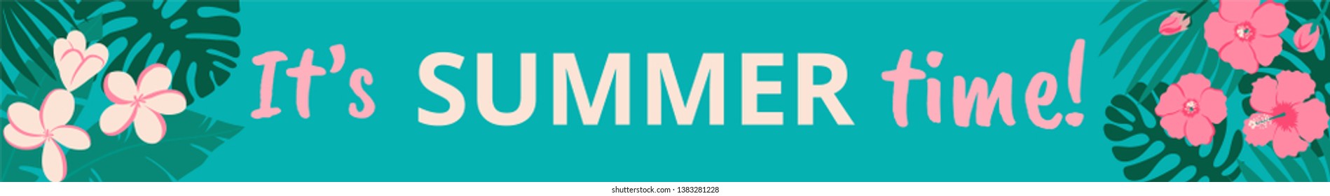 Summer sale horizontal banner with palm leaves and tropical flowers