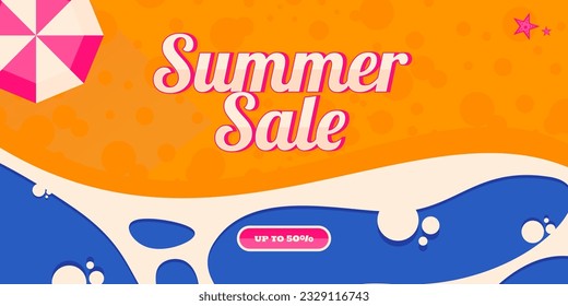 Summer sale horizontal banner. Sandy summer beach vector illustration