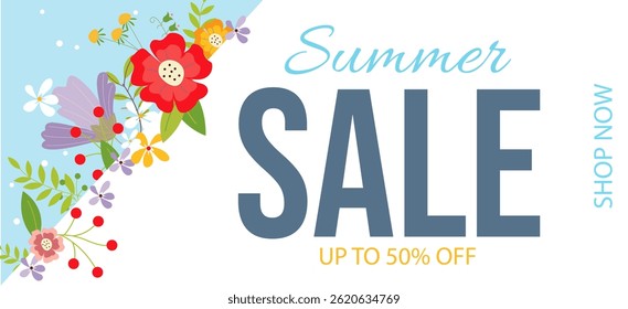 Summer sale horizontal banner surrounded by flowers. Gift tag for seasonal discount.Brightly colored flowers in a flat style. Vector illustration