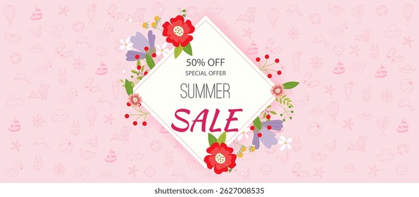 Summer sale horizontal banner surrounded by flowers. Pink banner for seasonal discount. Brightly colored flowers in a flat style. Vector illustration. Doodle background.	
