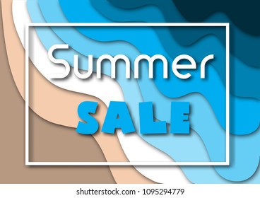 Summer sale horizontal banner template with sea or ocean waves and tropical beach sand, white frame and text. Paper cut out style vector illustration.