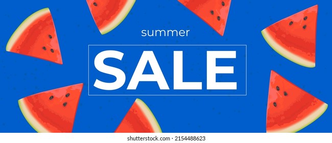 Summer sale horizontal banner , template for social media, ads. Vector Summer sale banner in modern design with watermelon slices. 