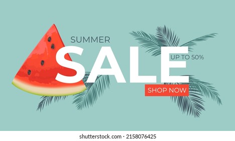 Summer sale horizontal banner, template for ads. Tropical leaves background, exotic floral design. Vector Summer sale banner in modern design with watermelon slices. Banner with button "Shop now". 