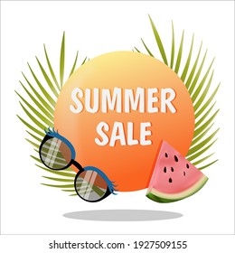 summer sale horizontal banner with text, watermelon, glasses and palm leaves. Vector design on isolated white background