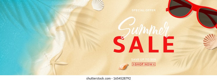 Summer sale horizontal banner. Top view on sea beach with soft waves. Vector illustration with plant's shadows. Beautiful background with seashells and red sun glasses. Seasonal discount offer.