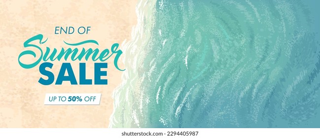 Summer sale horizontal banner. Vector beautiful realistic top view illustration of sandy summer beach