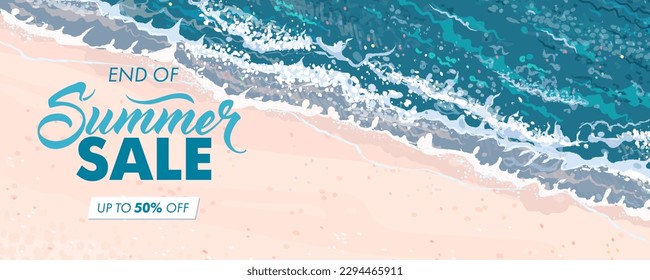 Summer sale horizontal banner. Vector beautiful realistic top view illustration of sandy summer beach