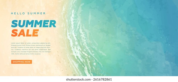 Summer sale horizontal banner. Vector beautiful realistic top view illustration of sandy summer beach. Hello summer wallpaper, billboard, flyer. Discount advertisement background