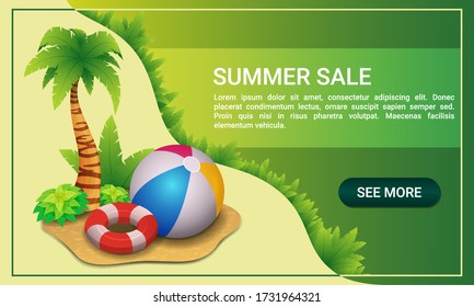 Summer sale. Horizontal banner for your website with bouncy ball, lifebuoy and palm.