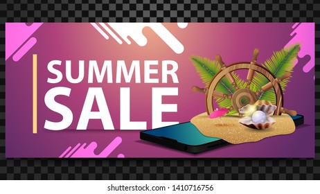 Summer sale, horizontal discount banner with modern design, smartphone, steering wheel of the ship in the sand, palm leaves and pearl