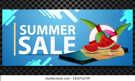 Summer sale, horizontal discount banner with modern design, smartphone, watermelon slices, palm leaves and lifeline