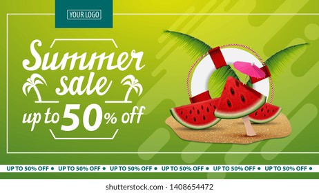 Summer sale, horizontal discount web banner for your website with watermelon slices, palm leaves and lifeline