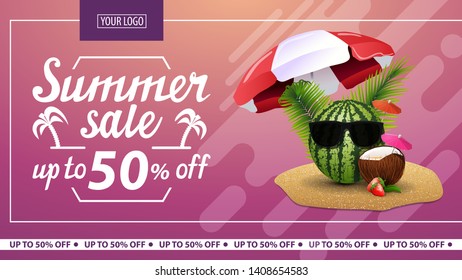 Summer sale, horizontal discount web banner for your website with watermelon in glasses under a beach umbrella