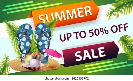Summer sale, horizontal discount web banner for your website with creative design, flip flops, pearl and palm leaves