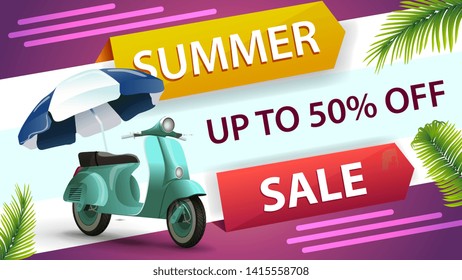 Summer sale, horizontal discount web banner for your website with creative design and scooter with a beach umbrella