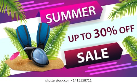 Summer sale, horizontal discount web banner for your website with creative design, diving mask, fins and palm leaves