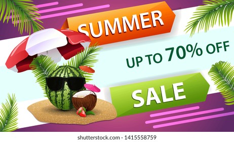 Summer sale, horizontal discount web banner for your website with creative design and watermelon in glasses under a beach umbrella